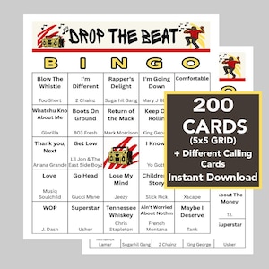 May include: A bingo game set with a grid of squares, each containing a song title. The game includes 200 cards and calling cards, with the words "Drop the Beat" at the top and "Instant Download" on the side.