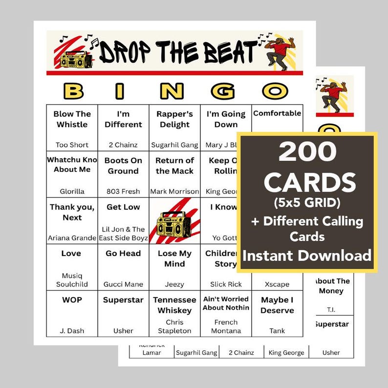 May include: A bingo game set with a grid of squares, each containing a song title. The game includes 200 cards and calling cards, with the words "Drop the Beat" at the top and "Instant Download" on the side.