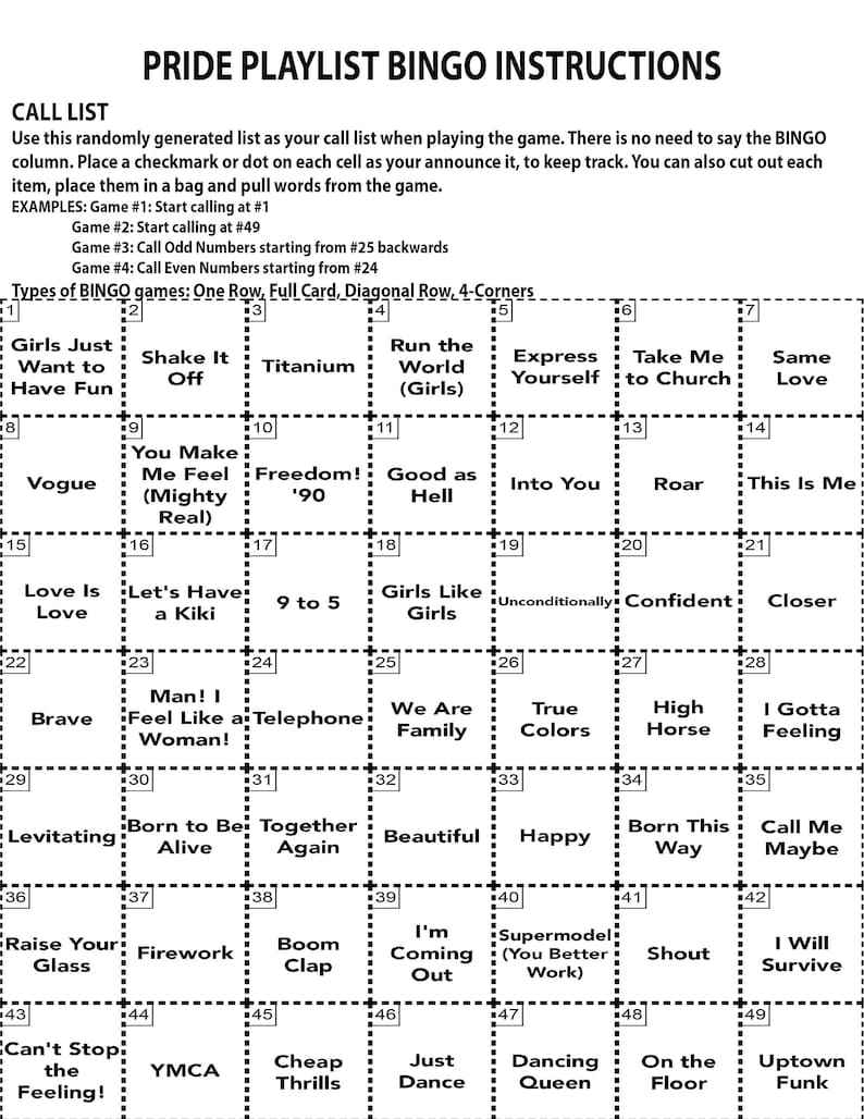 May include: Pride Playlist Bingo instructions with a call list and examples. The bingo card features song titles like "Girls Just Want to Have Fun," "Vogue," and "Dancing Queen." The game includes instructions for different bingo game types.