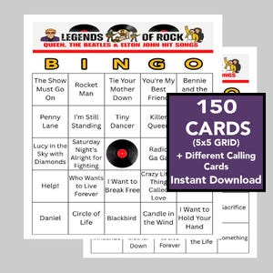 Bingo musical, sucessos dos Beatles, músicas de Elton John, Queen, download digital instantâneo, IMPRIMÍVEL, 150 cartões diferentes, lista de reprodução do Spotify incluída