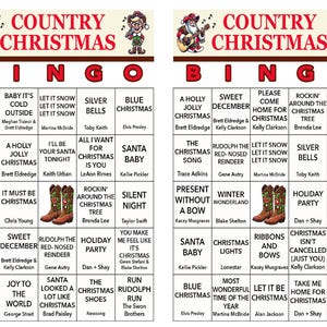 May include: A country Christmas bingo card with a red and green border. The card features a variety of country music artists and songs, including Dolly Parton, Brett Eldredge, and Taylor Swift. The card is perfect for a fun and festive holiday party.