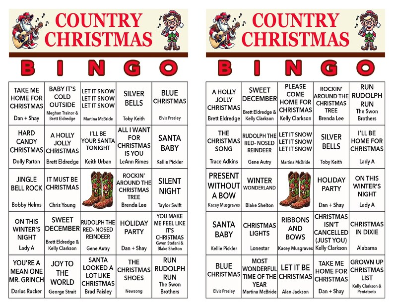May include: A country Christmas bingo card with a red and green border. The card features a variety of country music artists and songs, including Dolly Parton, Brett Eldredge, and Taylor Swift. The card is perfect for a fun and festive holiday party.