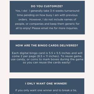Peut inclure: Graphique num&eacute;rique avec le texte "FAQs continued..." en or. L'image contient des r&eacute;ponses aux questions fr&eacute;quemment pos&eacute;es sur les cartes de bingo, y compris la personnalisation, la livraison et les r&egrave;gles de d&eacute;partage. L'adresse du site Web est &eacute;galement incluse.