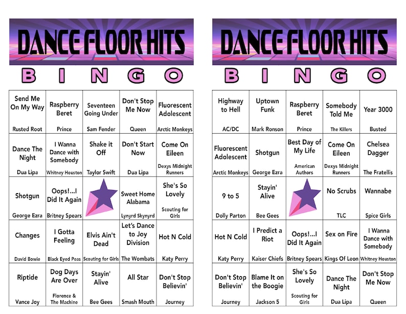 May include: A pink and purple bingo card with a star in the centre square. The card is filled with popular dance songs from the 1980s and 1990s. The title of the card is "Dance Floor Hits".