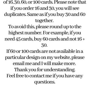 May include: Text-based image with information about ordering bingo cards. The text explains that the buyer should round up to the nearest available quantity of cards to avoid duplicate cards. The text also includes an email address for contacting the seller.