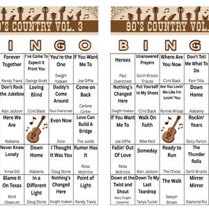 Op de afbeelding: Twee bingokaarten met een countrymuziekthema. Elke kaart heeft een raster met songtitels en artiestennamen. De kaarten zijn getiteld "90's Country Vol. 3" met gitaarafbeeldingen, perfect voor een bingo-avond.