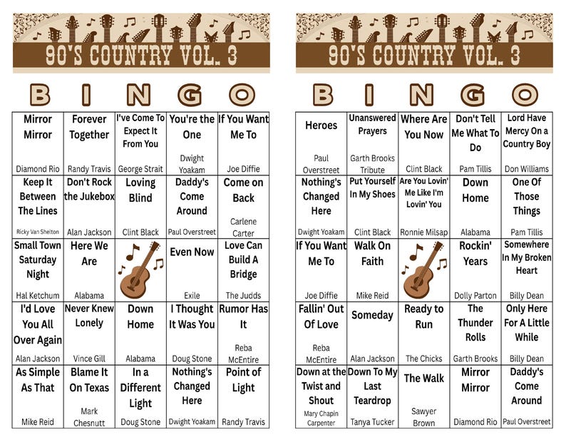 Op de afbeelding: Twee bingokaarten met een countrymuziekthema. Elke kaart heeft een raster met songtitels en artiestennamen. De kaarten zijn getiteld "90's Country Vol. 3" met gitaarafbeeldingen, perfect voor een bingo-avond.
