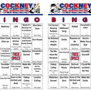 Może przedstawiać: Dwa karty do bingo o tematyce Cockney. Karty zawierają tytuły piosenek i nazwiska artyst&oacute;w, ze słowem "BINGO" na g&oacute;rze. Karty mają schemat kolor&oacute;w czerwony, biały i niebieski, z obrazami instrument&oacute;w muzycznych.