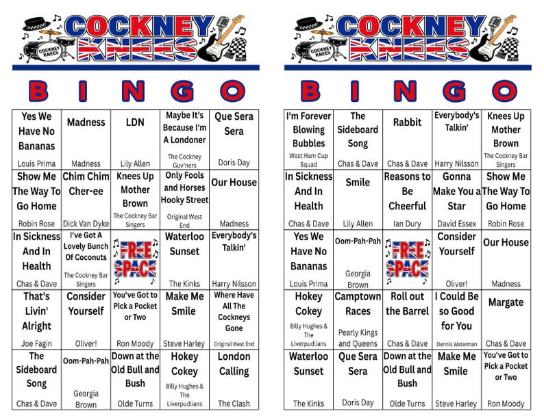 Może przedstawiać: Dwa karty do bingo o tematyce Cockney. Karty zawierają tytuły piosenek i nazwiska artyst&oacute;w, ze słowem "BINGO" na g&oacute;rze. Karty mają schemat kolor&oacute;w czerwony, biały i niebieski, z obrazami instrument&oacute;w muzycznych.