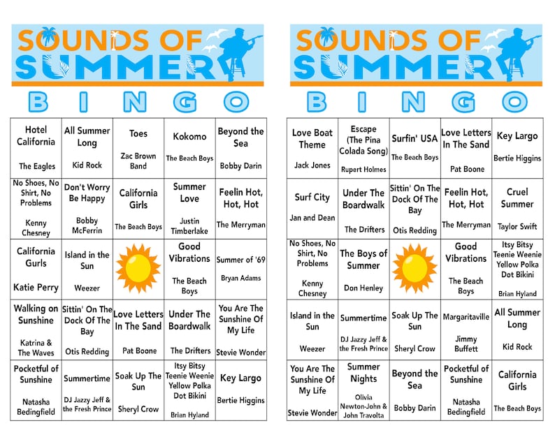 Pode incluir: Um cart&atilde;o de bingo com tema de ver&atilde;o com um sol amarelo no centro. O cart&atilde;o apresenta m&uacute;sicas populares de ver&atilde;o, incluindo "Hotel California", "Summer Love", "Surfin' USA", "Love Letters in the Sand" e "Good Vibrations".