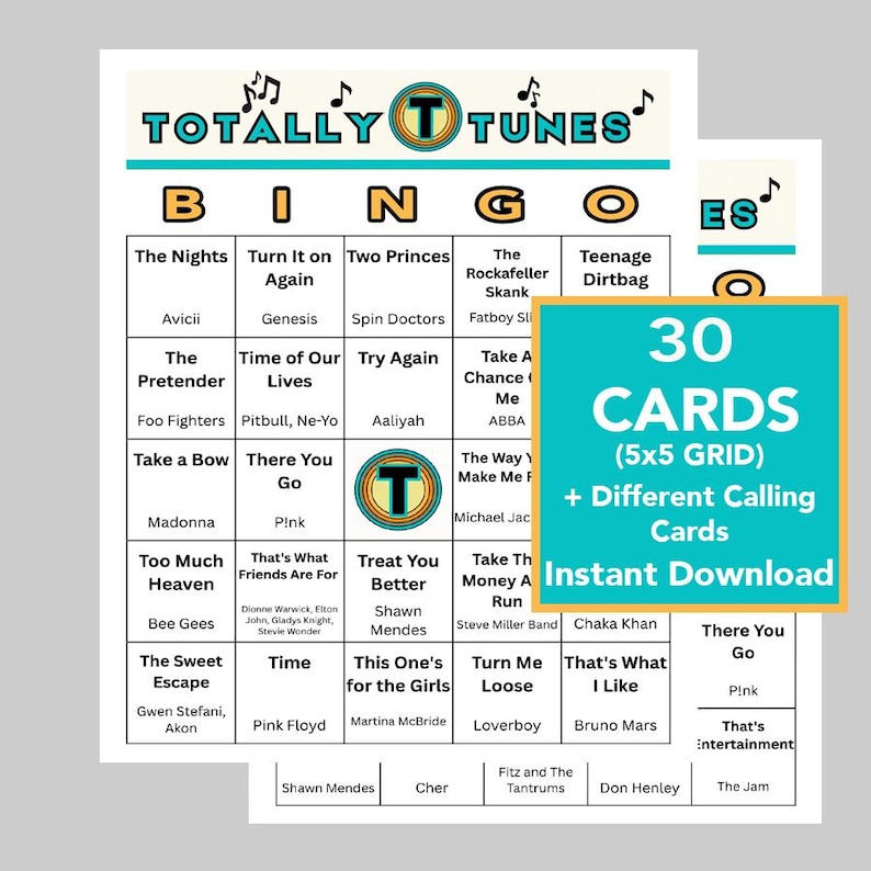 May include: A printable Bingo game with a music theme. The game features a grid of song titles and artist names, with the words "Totally Tunes" at the top. The image also includes a square that says "30 Cards (5x5 Grid) + Different Calling Cards Instant Download."