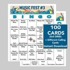 60s, 70s, 80s, 90s, 2000&#39;s Music Bingo, Music Fest Celebration, Instant Digital Download, 100 Different cards, 70 songs, Spotify Playlist