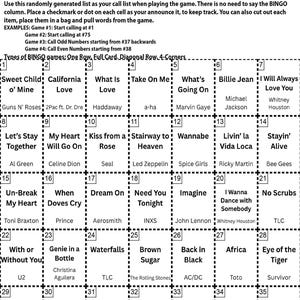 May include: A 70s, 80s, and 90s Rewind Bingo game card with a grid of song titles and artists. The card includes instructions and examples for playing the game. The bingo card features a variety of popular songs from the 70s, 80s, and 90s.