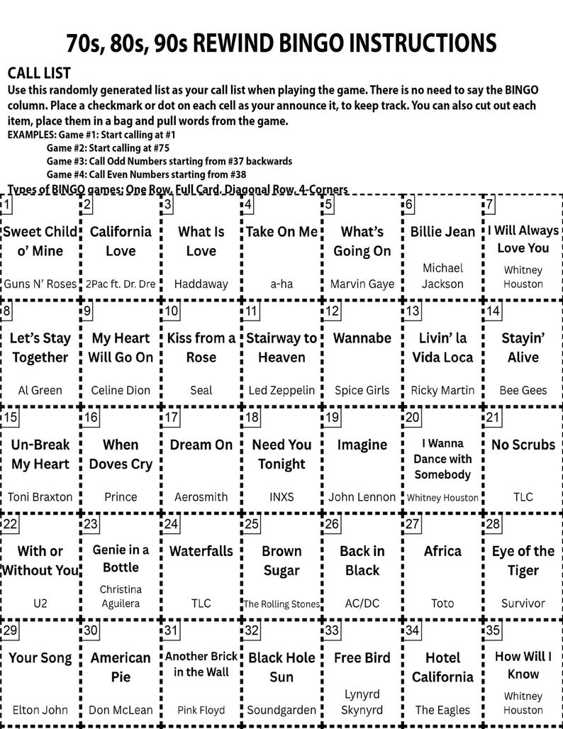 May include: A 70s, 80s, and 90s Rewind Bingo game card with a grid of song titles and artists. The card includes instructions and examples for playing the game. The bingo card features a variety of popular songs from the 70s, 80s, and 90s.