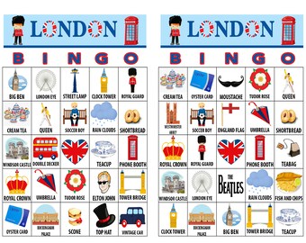 Gioco del Bingo da viaggio a Londra, 50 carte del Bingo a Londra, Attività per le vacanze, Gioco per feste a tema Inghilterra per adulti, adolescenti e bambini, Regalo stampabile - Italia