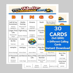 May include: A bingo game set with a retro radio theme. The set includes 30 cards with a 5x5 grid and different calling cards. The bingo cards feature song titles and artist names.