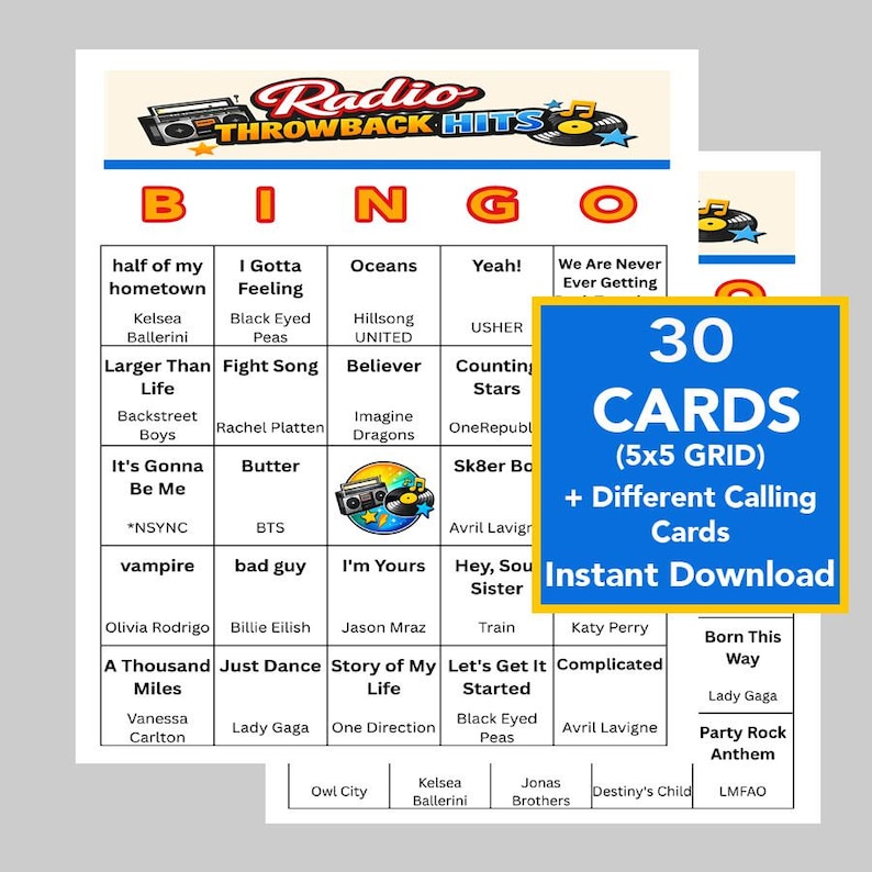 May include: A bingo game set with a retro radio theme. The set includes 30 cards with a 5x5 grid and different calling cards. The bingo cards feature song titles and artist names.