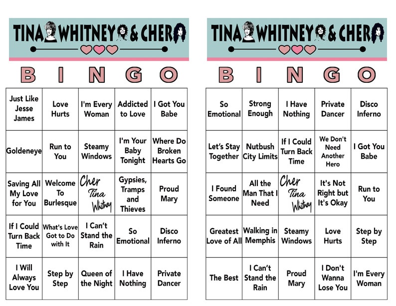 以下が含まれることがあります： ティナ・ホイットニーとシェールの名前が書かれたピンクとブルーの背景の印刷可能なビンゴカード。カードには、歌手たちの歌のタイトルと歌詞が書かれた25個のマスがあります。