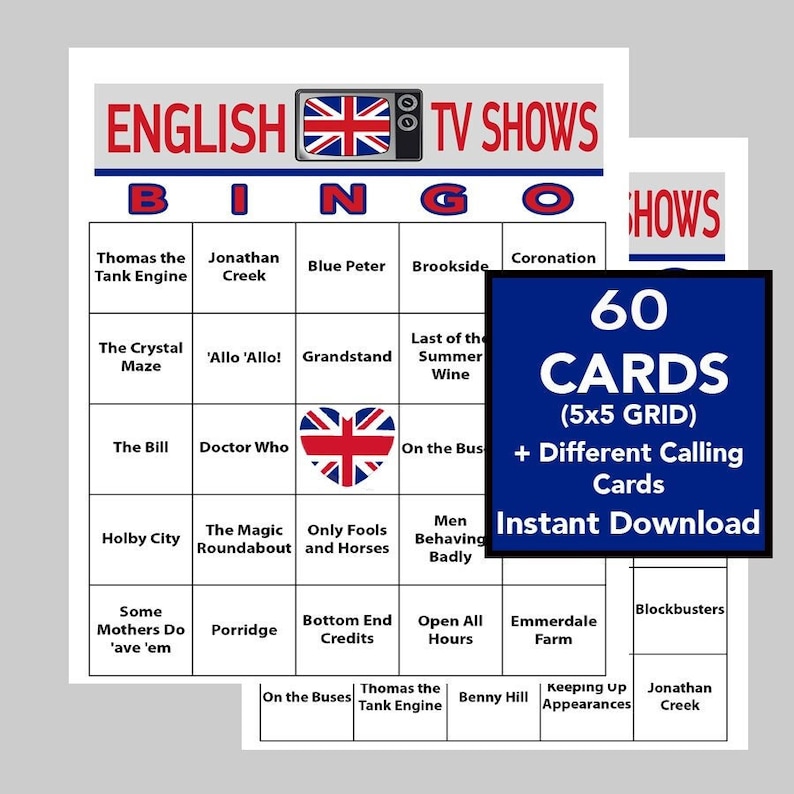 Może przedstawiać: Drukowana karta do gry w bingo z siatką 5x5 p&oacute;l wypełnionych nazwami brytyjskich program&oacute;w telewizyjnych. Karta nosi tytuł "English TV Shows Bingo" i zawiera programy takie jak "Thomas the Tank Engine", "Doctor Who", "Coronation Street", "Emmerdale Farm" i "Keeping Up Appearances".