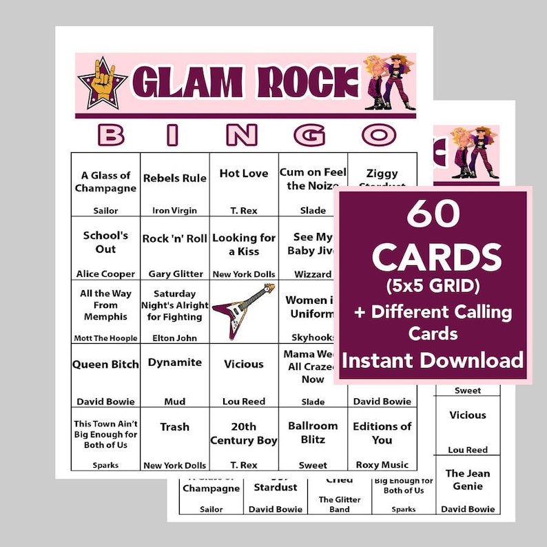 Puede incluir: Una tarjeta de bingo imprimible con un fondo rosa y blanco con un tema de glam rock. La tarjeta tiene una cuadr&iacute;cula de 5x5 con casillas que contienen nombres de bandas y m&uacute;sicos de glam rock, como David Bowie, T. Rex y Lou Reed. La tarjeta tambi&eacute;n incluye el texto "Glam Rock Bingo" y "60 Cartas (5x5 Cuadr&iacute;cula) + Cartas de Llamada Diferentes Descarga Instant&aacute;nea".