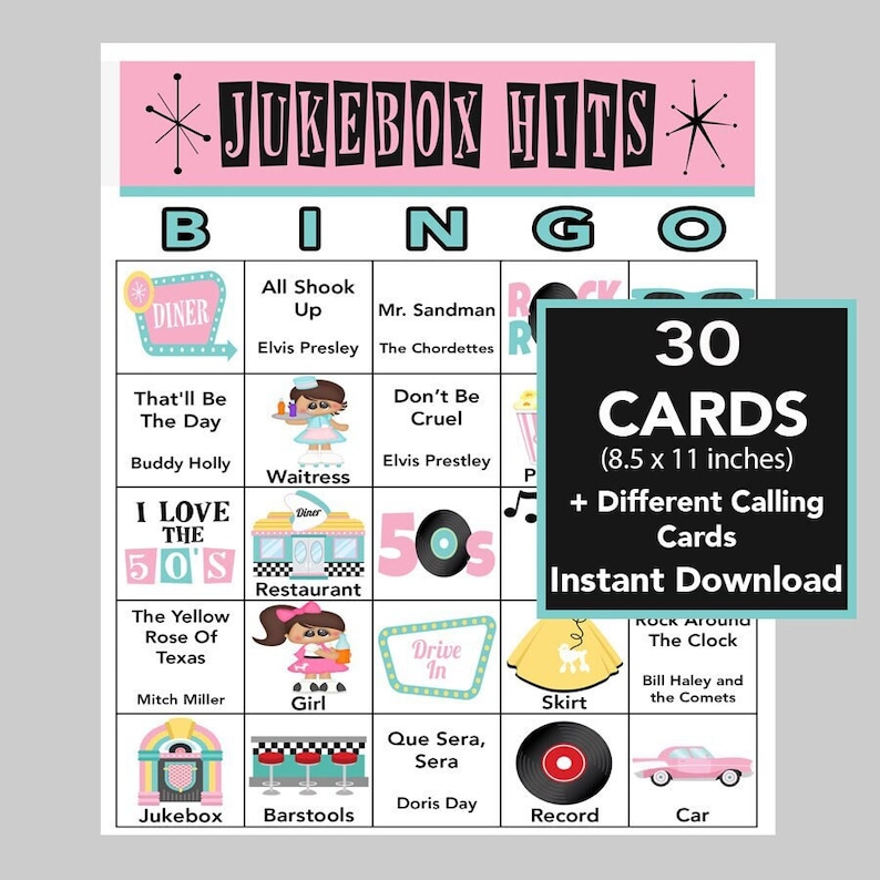 K&ouml;nnte beinhalten: Eine druckbare Bingokarte mit einem 5x5-Raster, das Bilder und Text zum Thema Popkultur der 1950er Jahre zeigt. Die Karte tr&auml;gt den Titel "Jukebox Hits Bingo" und enth&auml;lt Bilder eines Diners, einer Kellnerin, eines Jukebox, eines Autos und einer Schallplatte. Die Karte ist im Retro-Stil mit rosa und blauen Farben gestaltet.