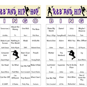 Pu&ograve; includere: Un cartoncino da bingo viola e bianco con una silhouette nera di una persona che balla. Il cartoncino presenta artisti e canzoni di R&B e hip-hop.