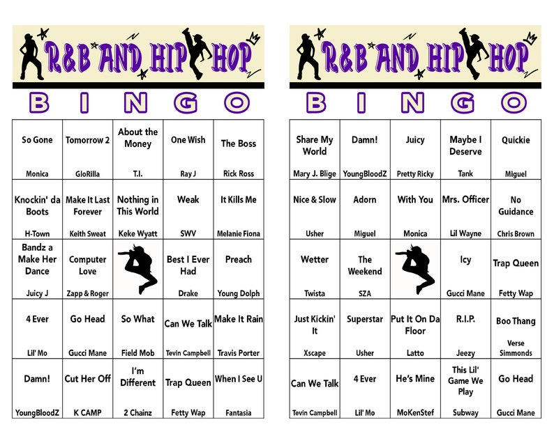 Pu&ograve; includere: Un cartoncino da bingo viola e bianco con una silhouette nera di una persona che balla. Il cartoncino presenta artisti e canzoni di R&B e hip-hop.