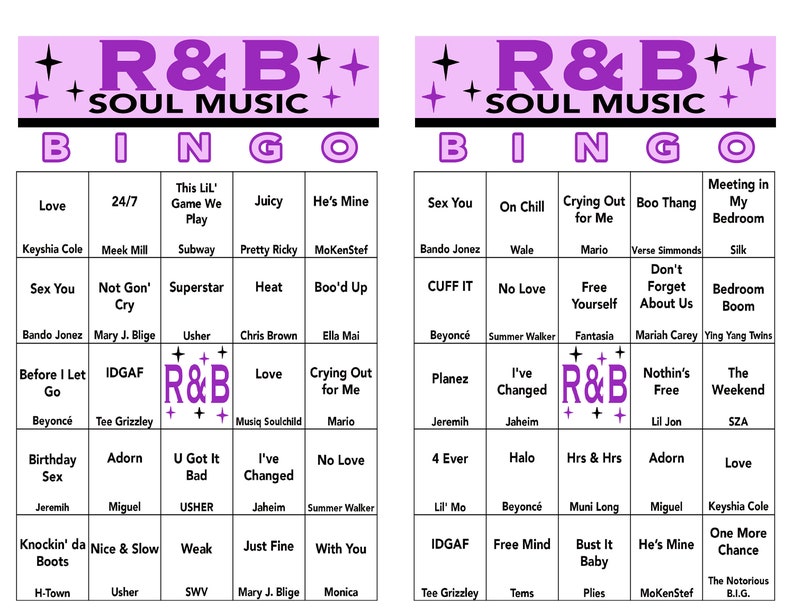 May include: A pink and purple bingo card with the title "R&B Soul Music" and a list of R&B and soul music artists and songs. The card is divided into a 5x5 grid with the centre square labelled "R&B".