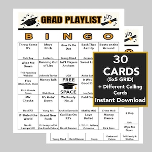 Alternative Hip Hop Musik, Abschluss-Song-Bingo, Schwarz-Gold-Abschluss-Singo, 30 verschiedene Karten, 47 verschiedene Lieder enthalten