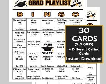 Alternative Hip Hop Music, Graduation Song Bingo, Black and Gold Graduation Singo, 30 Different Cards, 47 Different Songs Included