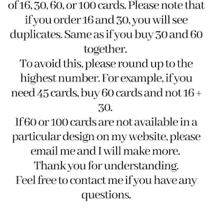 May include: Text-based image with information about ordering bingo cards. The text explains that the buyer should round up to the nearest available quantity of cards to avoid duplicate cards. The text also includes an email address for contacting the seller.