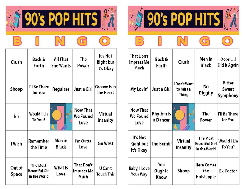 May include: Two bingo cards with a pink header that reads "90's POP HITS". Each card has a grid of song titles from the 1990s, such as "Crush", "Shoop", and "Virtual Insanity". The word "BINGO" is spelled out across the top of each card.