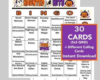 Halloween Hits, Halloween Music, Halloween Bingo cards, Digital Download, Bingo Games, 30 Unique cards, Music Playlist Included