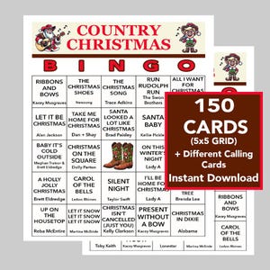 Musique country de Noël, soirée de bingo avec musique country de Noël, téléchargement numérique, jeux à imprimer, 150 cartes de bingo différentes, liste de lecture Spotify