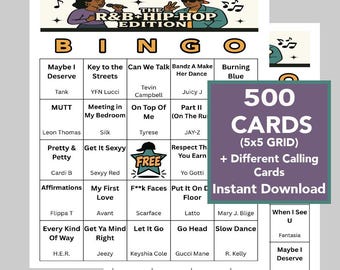 R&B Hip-Hop Music Bingo Game, 500 Cards (Digital Download) Music Playlist Incl.
