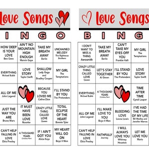 May include: A bingo card with a love songs theme. The card has 25 squares with song titles and artist names. Some of the songs include "Take My Breath Away" by Berlin, "I'll Stand By You" by The Pretenders, and "Everything" by Michael Bubl&eacute;.