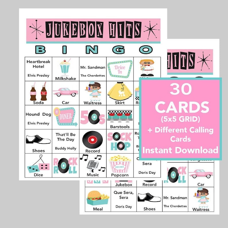 Puede incluir: Una tarjeta de bingo rosa y azul con un total de 30 tarjetas. La tarjeta tiene una cuadr&iacute;cula de 5x5 con im&aacute;genes y texto relacionados con la m&uacute;sica y la cultura de la d&eacute;cada de 1950. El texto de la tarjeta dice "Jukebox Hits Bingo" y "30 Tarjetas (5x5 Cuadr&iacute;cula) + Diferentes Tarjetas de Llamada Descarga Instant&aacute;nea".