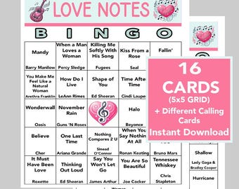 Love Songs, Love Notes Bingo, Music Party, Digital Download, Bingo Games, Printable Games, 16 Bingo cards, Spotify Playlist, Valentine's Day
