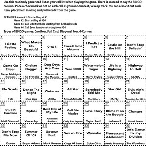 May include: A bingo card featuring a list of popular dance songs. The card is divided into a 5x5 grid with each square containing a song title. The songs are from various artists and genres, including pop, rock, country, and R&B.