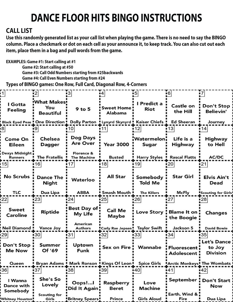 May include: A bingo card featuring a list of popular dance songs. The card is divided into a 5x5 grid with each square containing a song title. The songs are from various artists and genres, including pop, rock, country, and R&B.