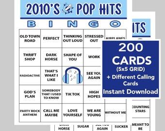 Bingo de éxitos musicales de la década de 2010, 200 tarjetas únicas (descarga digital)