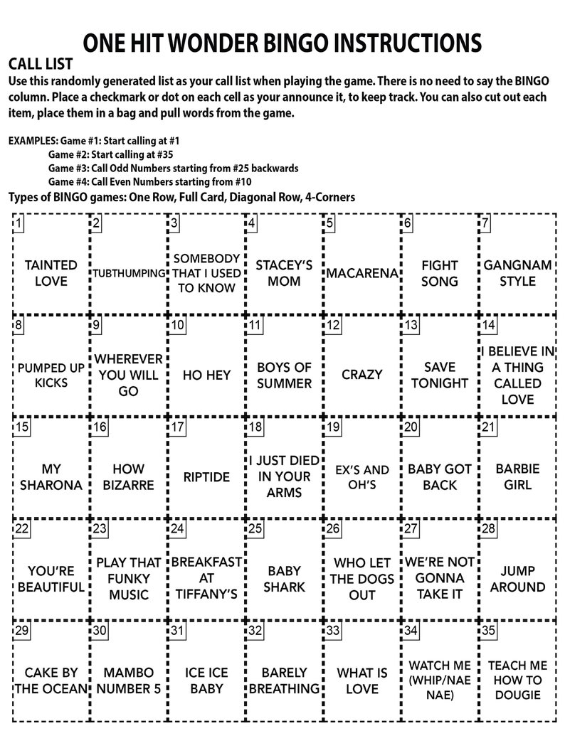 Puede incluir: Una tarjeta de bingo en blanco y negro con instrucciones y una lista de llamadas. La cuadr&iacute;cula contiene t&iacute;tulos de canciones como "Baby Shark" y "Gangnam Style". Las instrucciones explican c&oacute;mo jugar y usar la lista.