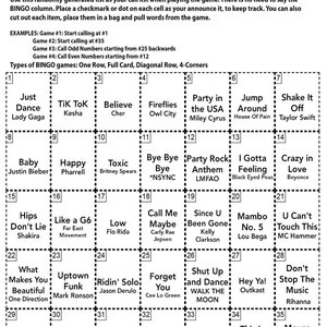 Pu&ograve; includere: Una scheda di bingo in bianco e nero con un elenco di canzoni di danza popolari. La scheda &egrave; divisa in una griglia 5x5 con ogni quadrato che contiene un titolo di canzone. Le canzoni includono "Just Dance", "TiK ToK", "Believe", "Fireflies", "Party in the USA", "Jump Around", "Shake It Off", "Baby", "Happy", "Toxic", "Bye Bye Bye", "Party Rock Anthem", "I Gotta Feeling", "Crazy in Love", "Hips Don't Lie", "Like a G6", "Low", "Call Me Maybe", "Since U Been Gone", "Mambo No. 5", "U Can't Touch This", "What Makes You Beautiful", "Uptown Funk", "Ridin' Solo", "Forget You", "Shut Up and Dance", "Hey Ya!", "Don't Stop The Music", "Firework", "No Scrubs", "Dog Days Are Over", "Dynamite", "Everytime We Touch", "This Is How We Do It", "Moves Like Jagger".