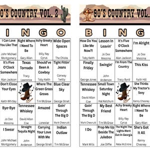 May include: Two bingo cards with a country music theme. The title "90's Country Vol. 2" is at the top. Each bingo square contains song titles and artist names. The cards have a beige background with brown and tan accents.