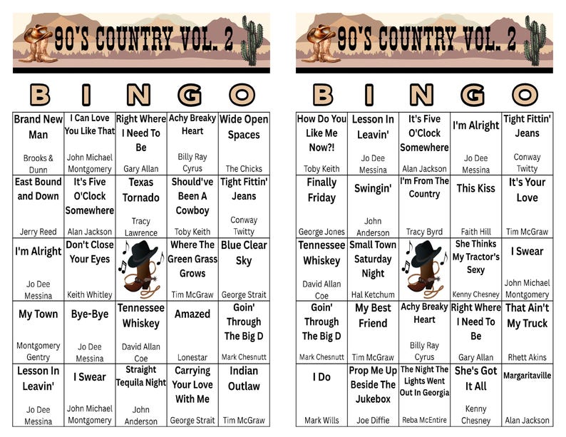May include: Two bingo cards with a country music theme. The title "90's Country Vol. 2" is at the top. Each bingo square contains song titles and artist names. The cards have a beige background with brown and tan accents.