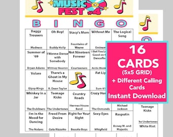 Bingo musical de los años 60, 70, 80, 90 y 2000, celebración de festivales musicales, descarga digital instantánea, 16 tarjetas diferentes, 70 canciones, lista de reproducción de Spotify