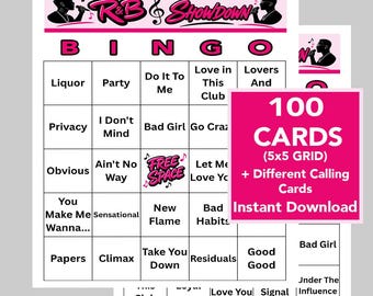 R&B Music Hits, Rhythm and Blues Party, Digital Download, Music Bingo Games, Printable Games, 100 Bingo cards, Music Playlist Included