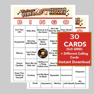 Música dos anos 60, 70, 80, 90, 2000, 2010, Bingo musical, Download digital instantâneo, 30 cartelas de bingo diferentes, lista de reprodução do Spotify