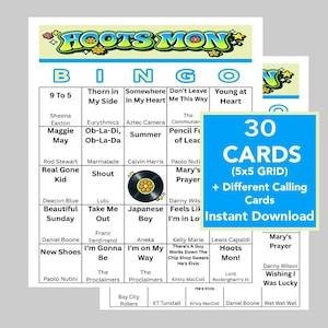 May include: A bingo game set with a colorful design, featuring the text "HOOTS MON" at the top. The set includes 30 cards with a 5x5 grid and different calling cards. The bingo cards have song titles.
