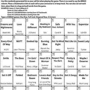 May include: A black and white Bingo card with a grid of squares, featuring R&B and Hip Hop song titles and artists. The card includes instructions and examples for playing the game. The text "R&B + Hip Hop Edition BINGO" is at the top.